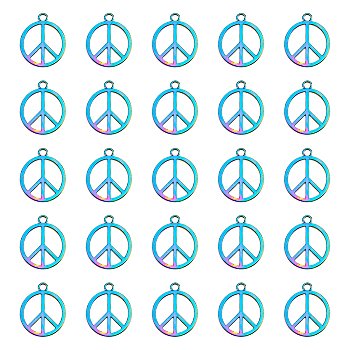 30Pcs Rack Plating Alloy Pendants, Ring with Peace Sign, Rainbow Color, 25x21x1.5mm, Hole: 2.3mm