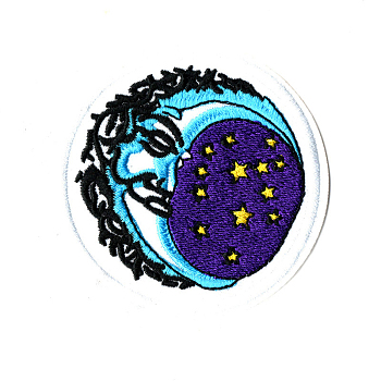 Computerized Embroidery Cloth Iron on/Sew on Patches, Costume Accessories, Appliques, Flat Round with Moon and Star, Midnight Blue, 75mm