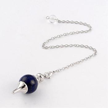 Natural Lapis Lazuli Sphere Dowsing Pendulums, with Platinum Tone Brass Cross Chain & Lobster Claw Clasps, 225~240mm