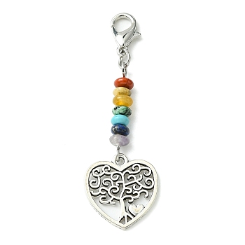 Alloy Tree of Life Pendant Decorations, with Chakra Gemstone Bead and Zinc Alloy Lobster Claw Clasps, Heart, 54mm