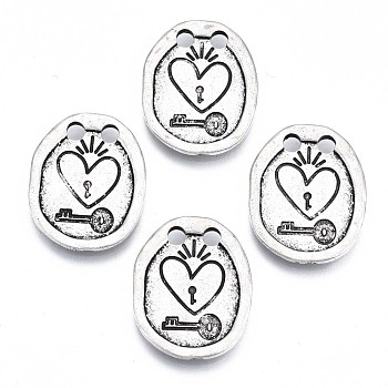 Tibetan Style Alloy Links Connectors, Cadmium Free & Lead Free, Oval with Heart & Key, Antique Silver, 20x16x2mm, Hole: 2mm
