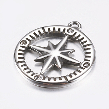 316 Surgical Stainless Steel Pendants, with Rhinestone, Compass, Antique Silver, 24x21x2mm, Hole: 1.5mm