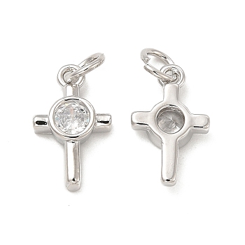 Brass Micro Pave Cubic Zirconia Charms, Religion Cross Charm, with Jump Ring, Platinum, 14x8.5x3mm, Hole: 3.3mm
