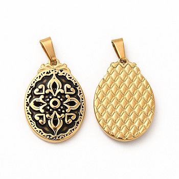 Ion Plating(IP) 304 Stainless Steel Pendants, with 201 Stainless Steel Clasp, Oval with Flower Charms, Antique Golden, 23x16x3mm, Hole: 3mm