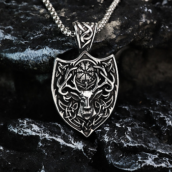 Vintage 304 Stainless Steel Viking Dear Head Shield Pendant Necklaces for Men, Antique Silver, 23.62 inch(60cm)