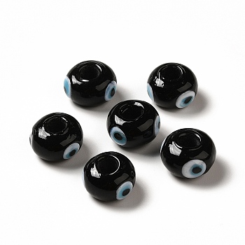 Handmade Evil Eye Lampwork Beads, Rondelle, Black, 13~14.5x13.5~15x8~9mm, Hole: 4.5mm