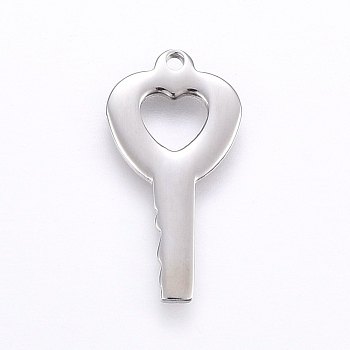 304 Stainless Steel Pendants, Key, Stainless Steel Color, 22x11x1mm, Hole: 1.2mm