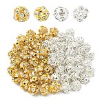 60Pcs 2 Styles Brass Rhinestone Beads, Round, for Jewelry Projects, Golden & Silver, 9~10x10mm, Hole: 1.4mm, 30pcs/color(KK-YW0004-26)