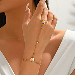 Stainless Steel Enamel Link Ring Bracelets, Rhinestone Link Chain Bracelets for Women, Flower, Real 18K Gold Plated, Colorful, 6.50 inch(16.5cm)(SJ3386)