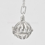 Hollow Brass Cage Pendants, For Chime Ball Pendant Necklaces Making, Round, Cadmium Free & Nickel Free & Lead Free, Platinum, 26x21x24mm, Hole: 4x9mm, inner diameter: 17mm(KK-D414-06-NR)