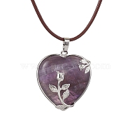 Natural Amethyst Heart Pendant Necklace with Cowhide Leather Cords, 20-1/8 inch(51cm)(NJEW-JN04598-01)