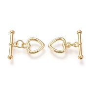 Brass Toggle Clasps, Long-Lasting Plated, Heart & Bar, Real 18K Gold Plated, Heart: 14x11x1.7mm, Hole: 1.8mm, Bar: 20x6x3mm, Hole: 1.8mm(KK-F820-11G)