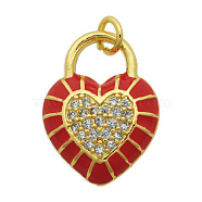 Brass Micro Pave Clear Cubic Zirconia Pendants,  with Enamel and Jump Rings, Light Gold, Cadmium Free & Nickel Free & Lead Free, Heart, FireBrick, 20x15x4mm, Jump Ring: 5x1mm, 3mm(KK-N241-LA824-3-NR)