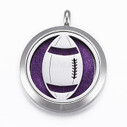 316 Surgical Stainless Steel Diffuser Locket Pendants, Sports Charms, with Perfume Pad and Magnetic Clasps, Flat Round, Stainless Steel Color, Rugby, Purple, 37x30x6.5mm, Hole: 5mm, inner diameter: 23mm(STAS-H404-48B)