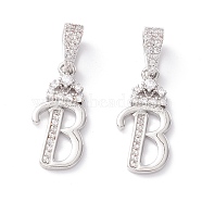 Eco-Friendly Brass Micro Pave Cubic Zirconia Pendants, Long-Lasting Plated, Real Platinum Plated, Cadmium Free & Lead Free, Letter, Letter.B, 16~20x7~11.5x1.5~2.2mm, Hole: 6.5x3.5mm(KK-K265-01P-B)
