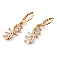 Rack Plating Golden Brass Dangle Leverback Earrings, with Cubic Zirconia, Leaf, Clear, 35x10mm(EJEW-B037-19G)