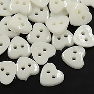 Acrylic Heart Buttons, Plastic Sewing Buttons for Costume Design, 2-Hole, Dyed, White, 12x12x3mm, Hole: 1mm(X-BUTT-E071-A-01)