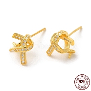 925 Sterling Silver Micro Pave Cubic Zirconia Stud Earing Findings, for Half Drilled Beads, with S925 Stamp, Real 18K Gold Plated, 10x10.5mm, Pin: 0.9mm and 11x0.9mm(STER-P056-08G)