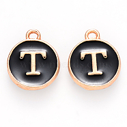 Golden Plated Alloy Charms, Cadmium Free & Lead Free, with Enamel, Enamelled Sequins, Flat Round with Letter, Black, Letter.T, 14x12x2mm, Hole: 1.5mm(ENAM-S118-02T)