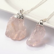 Natural Bezel Raw Rough Gemstone Rose Quartz Pendant Necklaces, with Brass Chains and Spring Ring Clasps, 18 inch(NJEW-JN01110)