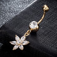 Brass Cubic Zirconia Navel Ring, Belly Rings, with 304 Stainless Steel Bar, Cadmium Free & Lead Free, Real 18K Gold Plated, Flower, Clear, 43x14mm, Bar: 15 Gauge(1.5mm), Bar Length: 3/8"(10mm)(AJEW-EE0004-26A)