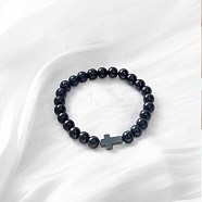 Round Natural Black Agate Beaded Stretch Bracelets, Cross Bracelets for Women Men(SA8738-4)