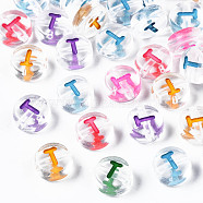 Transparent Clear Acrylic Beads, Horizontal Hole, Flat Round with Mixed Color Letter, Letter.T, 7x3.5mm, Hole: 1.2mm, about 3700pcs/500g(MACR-N008-56T)