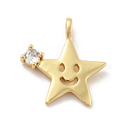 Star with Smiling Face Brass Micro Pave Clear Cubic Zirconia Pendants, Cadmium Free & Lead Free, Golden, 17x16x2.8mm, Hole: 1.8mm(KK-G425-09G)