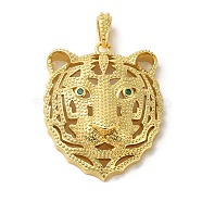Brass Micro Pave Green Cubic Zirconia Pendants, Real 18K Gold Plated, Tiger, 44.5x36x15mm, Hole: 8x5mm(KK-R162-087G)