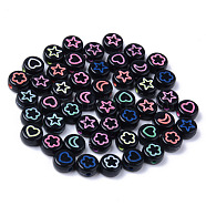 Opaque Black Acrylic Beads, Flat Round with Mixed Color Star & Heart & Moon & Flower, 7x3.5mm, Hole: 1.5mm(X-MACR-S273-45A)