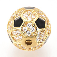 Brass Micro Pave Cubic Zirconia Beads, with Enamel, FootBall/Soccer Ball, Golden, 9.5~10mm, Hole: 1.5mm(ZIRC-Q013-10mm-136G)