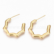 Brass Half Hoop Earrings, Stud Earring, Nickel Free, Wave, Real 18K Gold Plated, 26.5x25mm, Pin: 0.7mm(X-KK-R117-022-NF)
