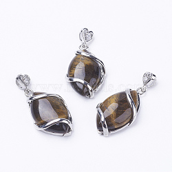 Natural Tiger Eye Pendants, with Brass Findings, Horse Eye, Platinum, 38x17x7mm, Hole: 3x4mm(X-G-E423-06P)