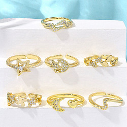 7Pcs 7 Styles Spring Day Theme Brass Micro Pave Clear Cubic Zirconia Cuff Rings for Women, Real 18K Gold Plated, 6.5~11mm, Inner Diameter: 16~17.5mm(RJEW-S399-17G)