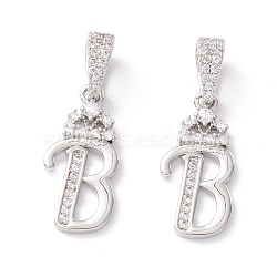 Eco-Friendly Brass Micro Pave Cubic Zirconia Pendants, Long-Lasting Plated, Real Platinum Plated, Cadmium Free & Lead Free, Letter, Letter.B, 16~20x7~11.5x1.5~2.2mm, Hole: 6.5x3.5mm(KK-K265-01P-B)