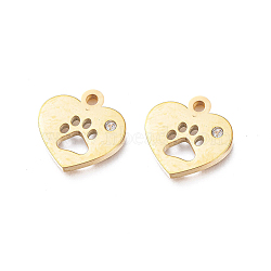 Ion Plating(IP) 304 Stainless Steel Charms, Manual Polishing, with Crystal Rhinestone, Heart with Dog Paw Printed, Golden, 12x12x1.2mm, Hole: 1.8mm(STAS-L245-002G)