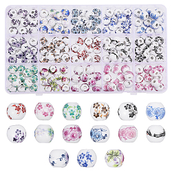 180Pcs 15 Colors Handmade Porcelain Beads, Round with Flower Pattern, Mixed Color, 10.5x9.5mm, Hole: 2.5mm, 12pcs/color(PORC-CA0001-15)
