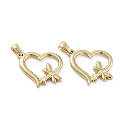 304 Stainless Steel Pendants, Golden, Heart Charm, Dragonfly, 27x20x3mm, Hole: 5x3mm(STAS-D092-04A-G)