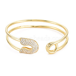 Cubic Zirconia Safety Pin Wrap Open Cuff Bangle, Real 18K Gold Plated Brass Double Line Bracelet for Women, Cadmium Free & Lead Free, Clear, Inner Diameter: 2-1/8x2-1/4 inch(5.3x5.7cm)(BJEW-S141-019)