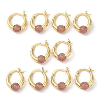 Natural Strawberry Quartz Round Beaded Hoop Earrings, Real 18K Gold Plated Brass Jewelry, Cadmium Free & Lead Free, 19x15x6.5mm