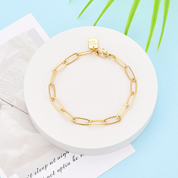 Brass Paperclip Chain Bracelets for Women, with Good Luck Stamp, Nickel Free, Long-Lasting Plated, Real 18K Gold Plated, 8-1/4 inch(20.8cm)