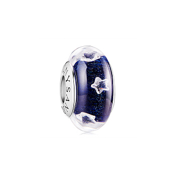 TINYSAND Rhodium Plated 925 Sterling Silver Charm Beads with Glass with Star for Bracelet, Midnight Blue, 15.16x9.07mm, Hole: 4.45mm