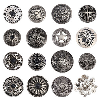 15 Sets 15 Styles Eagle/Star/Flower Pattern Alloy & Imitation Turquoise Craft Solid Screw Rivet, DIY Leather Craft Nail, Flat Round, Antique Silver, 6.5~37.5x3.5~14mm, Hole: 2~2.5mm, 1 set/style
