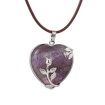 Natural Amethyst Heart Pendant Necklace with Cowhide Leather Cords, 20-1/8 inch(51cm)