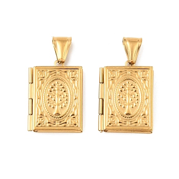 316 Stainless Steel Locket Pendants, Rectangle with Tree Charm, with 304 Stainless Steel Snap on Bails, Long-Lasting Plated, Ion Plating(IP), Real 20K Gold Plated, 26x19x5mm, Hole: 8.5x4mm, Inner Diameter: 15x10mm