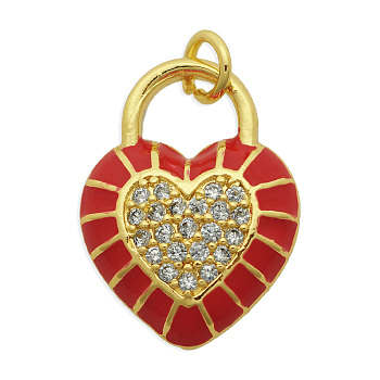 Brass Micro Pave Clear Cubic Zirconia Pendants,  with Enamel and Jump Rings, Light Gold, Cadmium Free & Nickel Free & Lead Free, Heart, FireBrick, 20x15x4mm, Jump Ring: 5x1mm, 3mm