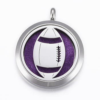 316 Surgical Stainless Steel Diffuser Locket Pendants, Sports Charms, with Perfume Pad and Magnetic Clasps, Flat Round, Stainless Steel Color, Rugby, Purple, 37x30x6.5mm, Hole: 5mm, inner diameter: 23mm