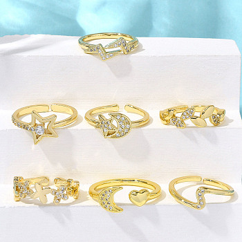 7Pcs 7 Styles Spring Day Theme Brass Micro Pave Clear Cubic Zirconia Cuff Rings for Women, Real 18K Gold Plated, 6.5~11mm, Inner Diameter: 16~17.5mm