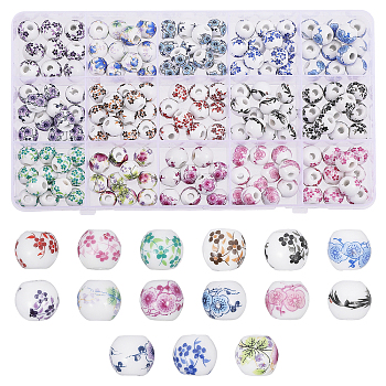 180Pcs 15 Colors Handmade Porcelain Beads, Round with Flower Pattern, Mixed Color, 10.5x9.5mm, Hole: 2.5mm, 12pcs/color