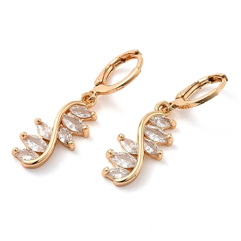 Rack Plating Golden Brass Dangle Leverback Earrings, with Cubic Zirconia, Leaf, Clear, 35x10mm